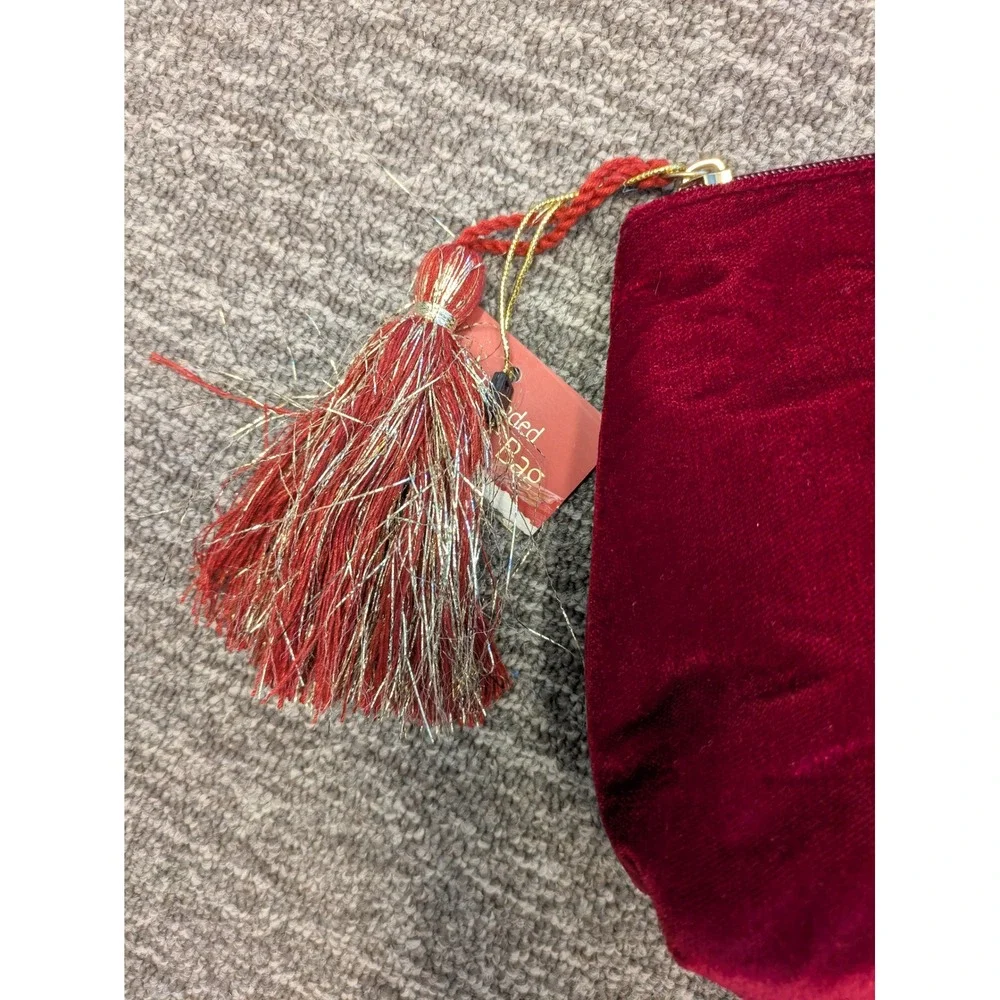 Burgundy Velvet Beaded Cherry‎ Pouch Tassel Zip Clutch Bag Red NEW